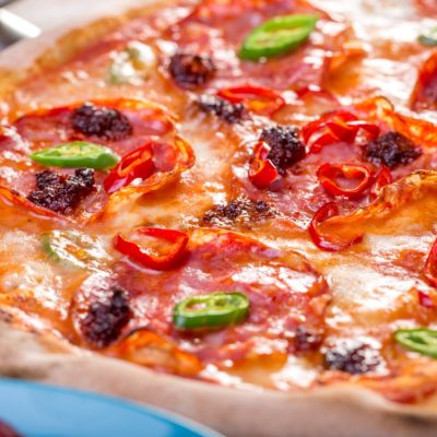 Close,Up,Of,Tasty,Spicy,Pizza,With,Salami,,Mozzarella,And